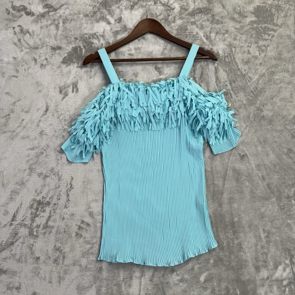 Y2K Aqua Statement Top Fringe Off Shoulder Diva Clubwear Festival 1X Dopamine